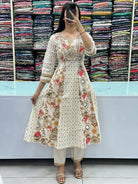 White Beautiful Adda Work Cotton Printed Anarkali Suit - BONYHUBSALWAR KAMEEZ