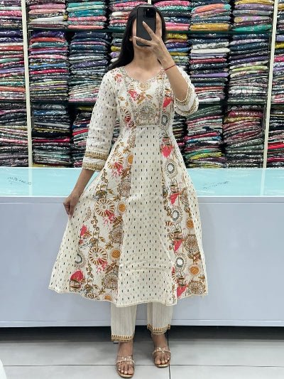 White Beautiful Adda Work Cotton Printed Anarkali Suit - BONYHUBSALWAR KAMEEZ