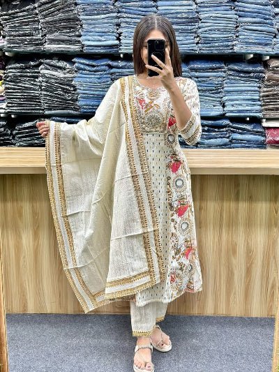 White Beautiful Adda Work Cotton Printed Anarkali Suit - BONYHUBSALWAR KAMEEZ