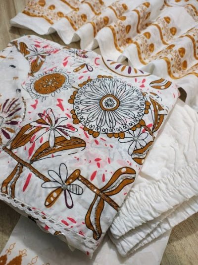 White Beautiful Adda Work Cotton Printed Anarkali Suit - BONYHUBSALWAR KAMEEZ