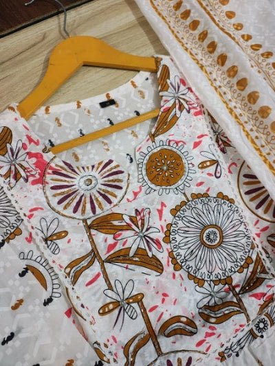 White Beautiful Adda Work Cotton Printed Anarkali Suit - BONYHUBSALWAR KAMEEZ