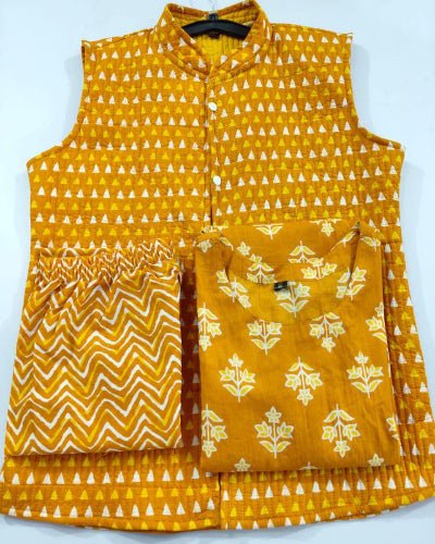 Mustard Yellow Cotton Kurti Pant With Quilted Warm Jacket - BONYHUBSALWAR KAMEEZ