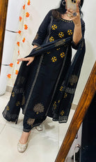 Black Elegant Block Print Cotton Straight Suit Set - BONYHUBSALWAR KAMEEZ