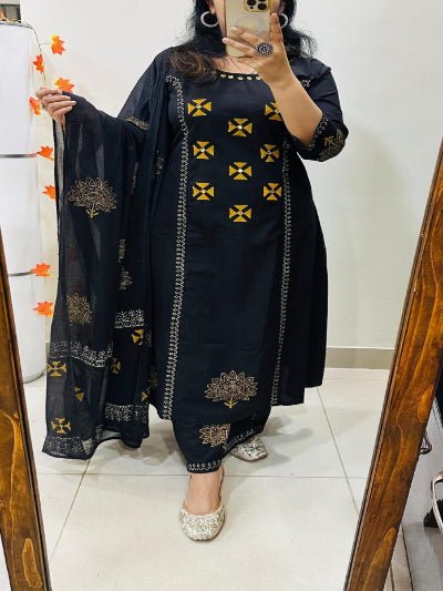 Black Elegant Block Print Cotton Straight Suit Set - BONYHUBSALWAR KAMEEZ