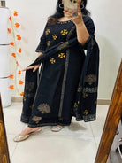 Black Elegant Block Print Cotton Straight Suit Set - BONYHUBSALWAR KAMEEZ