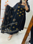 Black Elegant Block Print Cotton Straight Suit Set - BONYHUBSALWAR KAMEEZ