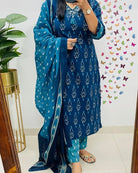 Blue Classy Print Cotton Straight Suit Set - BONYHUBSALWAR KAMEEZ