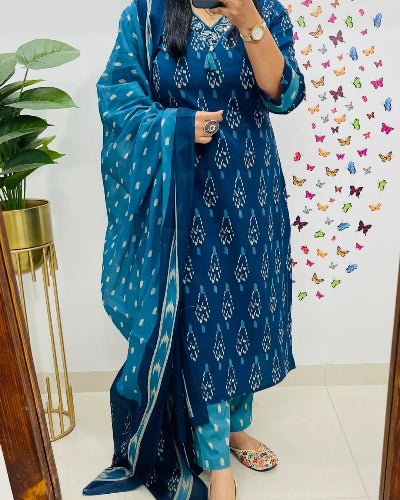 Blue Classy Print Cotton Straight Suit Set - BONYHUBSALWAR KAMEEZ
