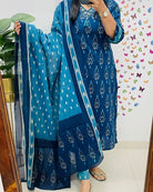 Blue Classy Print Cotton Straight Suit Set - BONYHUBSALWAR KAMEEZ