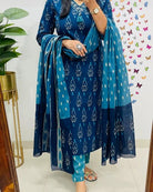 Blue Classy Print Cotton Straight Suit Set - BONYHUBSALWAR KAMEEZ