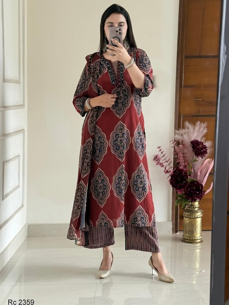 Maroon Printed Elegant Sequins Work Cotton Straight Suit Set - BONYHUBSALWAR KAMEEZ