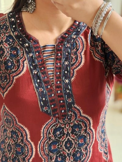 Maroon Printed Elegant Sequins Work Cotton Straight Suit Set - BONYHUBSALWAR KAMEEZ