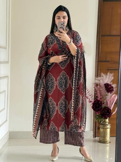 Maroon Printed Elegant Sequins Work Cotton Straight Suit Set - BONYHUBSALWAR KAMEEZ