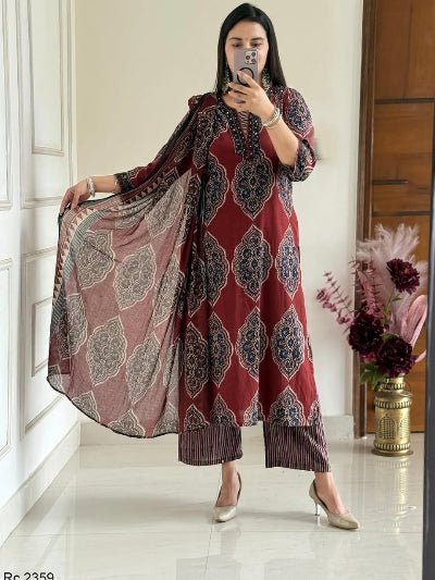 Maroon Printed Elegant Sequins Work Cotton Straight Suit Set - BONYHUBSALWAR KAMEEZ