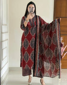 Maroon Printed Elegant Sequins Work Cotton Straight Suit Set - BONYHUBSALWAR KAMEEZ
