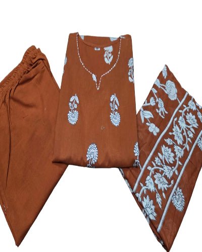 Rust Orange Handwork Cotton Straight Suit Set - BONYHUBSALWAR KAMEEZ