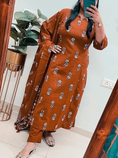 Rust Orange Handwork Cotton Straight Suit Set - BONYHUBSALWAR KAMEEZ