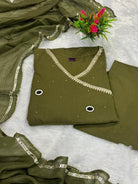 Dark Olive Green Mirror Work Cotton Embroidery Anarkali Suit Set - BONYHUBSALWAR KAMEEZ