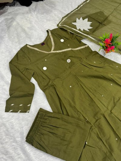 Dark Olive Green Mirror Work Cotton Embroidery Anarkali Suit Set - BONYHUBSALWAR KAMEEZ