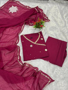 Magenta Pink Mirror Work Cotton Embroidery Anarkali Suit Set - BONYHUBSALWAR KAMEEZ