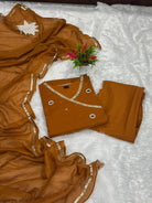 Brunt Orange Mirror Work Cotton Embroidery Anarkali Suit Set - BONYHUBSALWAR KAMEEZ