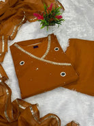 Brunt Orange Mirror Work Cotton Embroidery Anarkali Suit Set - BONYHUBSALWAR KAMEEZ