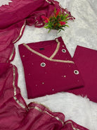 Magenta Pink Mirror Work Cotton Embroidery Anarkali Suit Set - BONYHUBSALWAR KAMEEZ