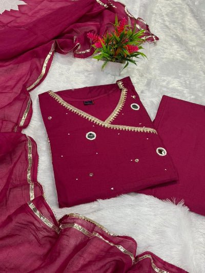 Magenta Pink Mirror Work Cotton Embroidery Anarkali Suit Set - BONYHUBSALWAR KAMEEZ