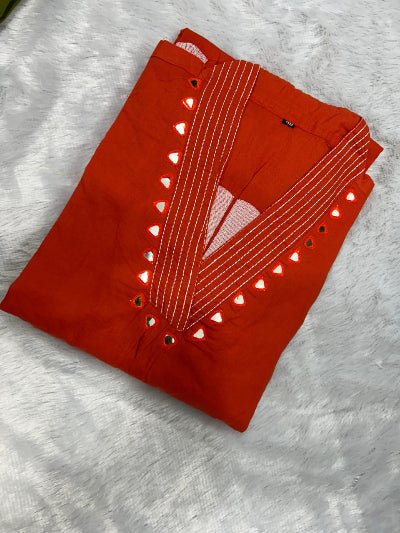 Floral Orange embroidery Katha Detailing Cotton Straight Suit Set - BONYHUBSALWAR KAMEEZ