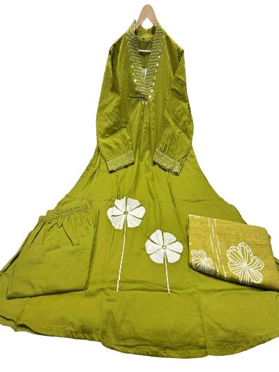 Floral Green embroidery Katha Detailing Cotton Straight Suit Set - BONYHUBSALWAR KAMEEZ