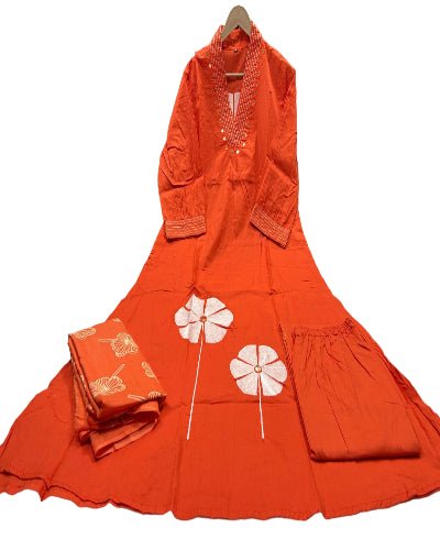 Floral Orange embroidery Katha Detailing Cotton Straight Suit Set - BONYHUBSALWAR KAMEEZ