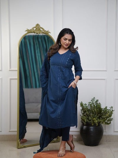 Tealblue Elegant Embroidery Pure Cotton Anarkali Suit Set - BONYHUBSALWAR KAMEEZ