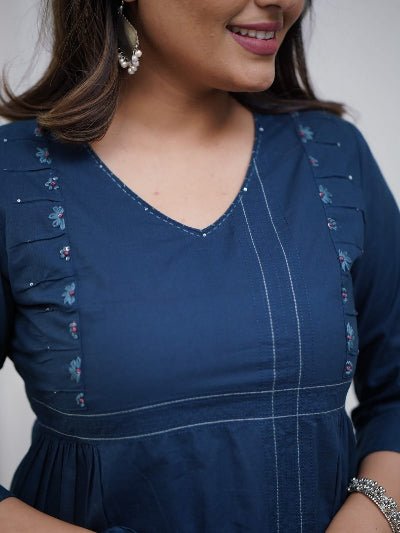 Tealblue Elegant Embroidery Pure Cotton Anarkali Suit Set - BONYHUBSALWAR KAMEEZ