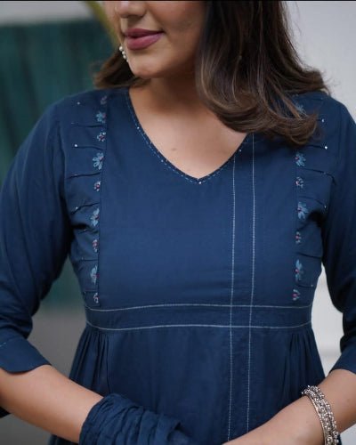 Tealblue Elegant Embroidery Pure Cotton Anarkali Suit Set - BONYHUBSALWAR KAMEEZ