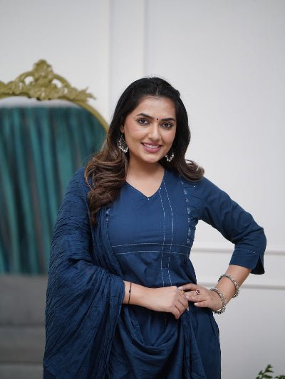 Tealblue Elegant Embroidery Pure Cotton Anarkali Suit Set - BONYHUBSALWAR KAMEEZ