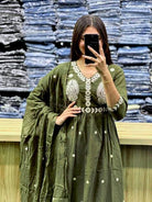 Olive Green Intricate Pure Cotton Printed Anarkali Suit Set - BONYHUBSALWAR KAMEEZ