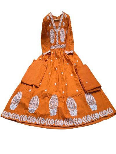 Orange Intricate Pure Cotton Printed Anarkali Suit Set - BONYHUBSALWAR KAMEEZ