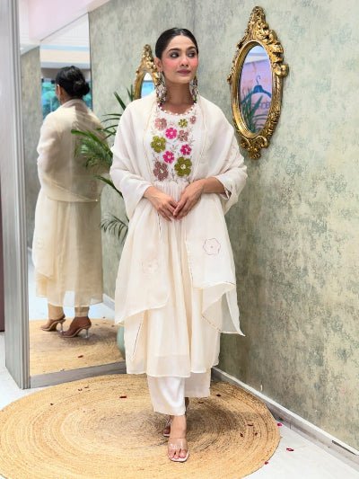 White Designer Gota Lace Embroidery Cotton Straight Suit Set - BONYHUBSALWAR KAMEEZ