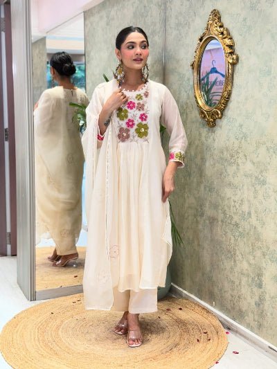 White Designer Gota Lace Embroidery Cotton Straight Suit Set - BONYHUBSALWAR KAMEEZ