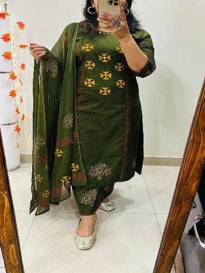 Green Elegant Block Print Cotton Straight Suit Set - BONYHUBSALWAR KAMEEZ