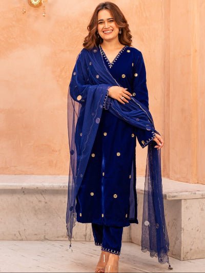 Electric Blue Sequin Embroidery Velvet Straight Suit Set - BONYHUBSALWAR KAMEEZ