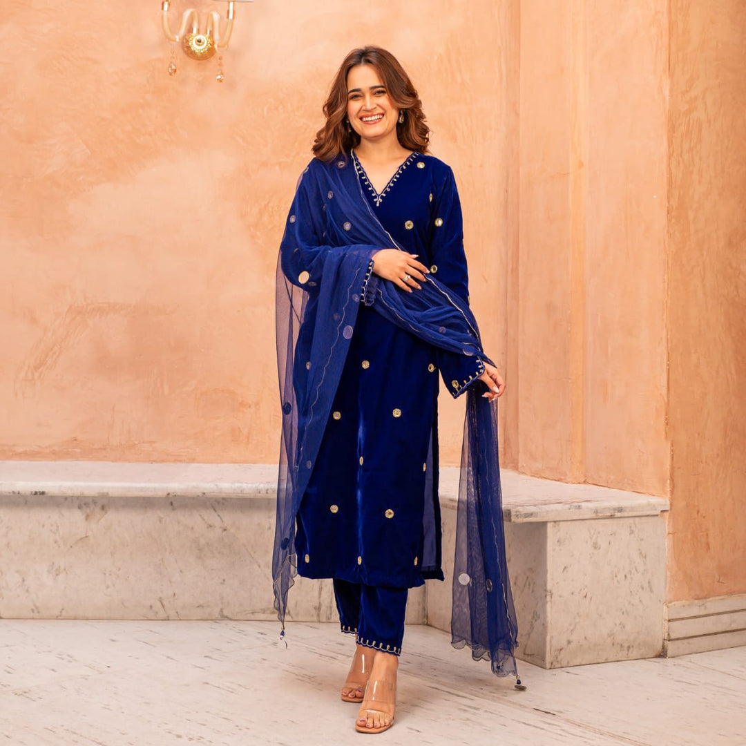 Electric Blue Sequin Embroidery Velvet Straight Suit Set - BONYHUBSALWAR KAMEEZ