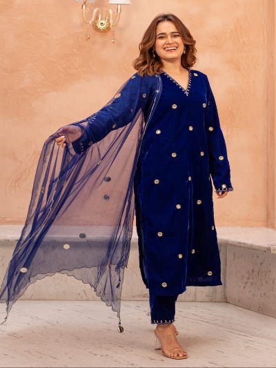 Electric Blue Sequin Embroidery Velvet Straight Suit Set - BONYHUBSALWAR KAMEEZ