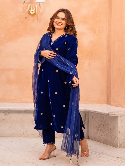 Electric Blue Sequin Embroidery Velvet Straight Suit Set - BONYHUBSALWAR KAMEEZ