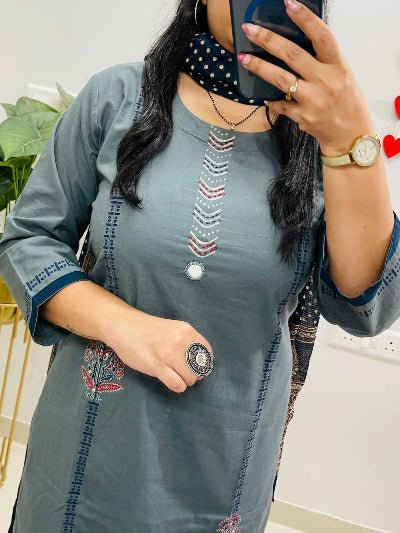 Powder Blue Jaipuri Cotton Straight Suit Set - BONYHUBSALWAR KAMEEZ