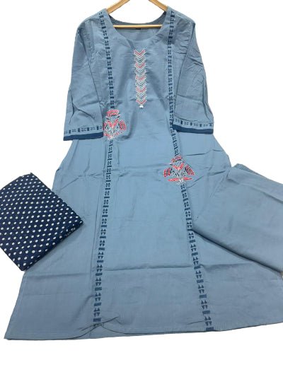 Powder Blue Jaipuri Cotton Straight Suit Set - BONYHUBSALWAR KAMEEZ