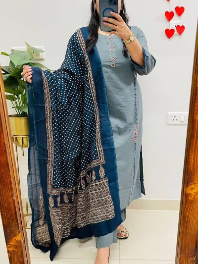 Powder Blue Jaipuri Cotton Straight Suit Set - BONYHUBSALWAR KAMEEZ