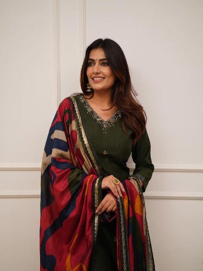 Olive Green Zari Work Embroidery Cotton Straight Suit Set - BONYHUBSALWAR KAMEEZ