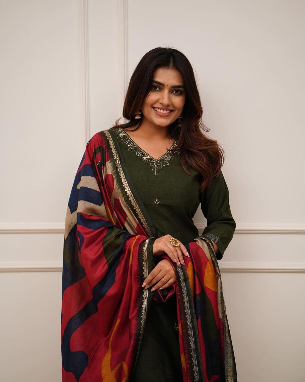 Olive Green Zari Work Embroidery Cotton Straight Suit Set - BONYHUBSALWAR KAMEEZ