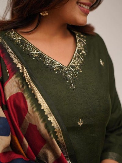 Olive Green Zari Work Embroidery Cotton Straight Suit Set - BONYHUBSALWAR KAMEEZ